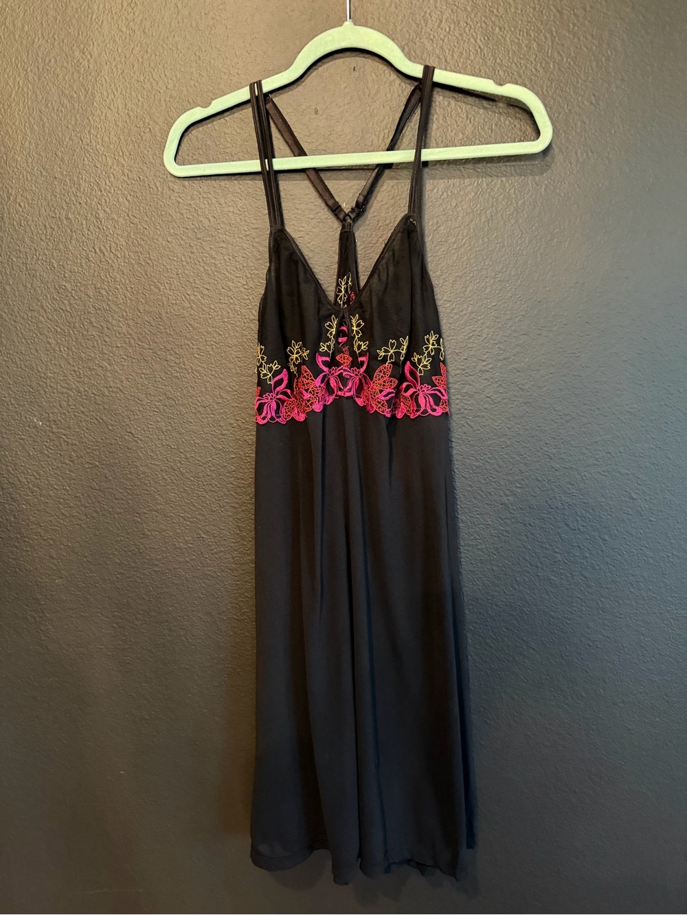 Black Slip Dress with Pink & Yellow Embroidered Accent